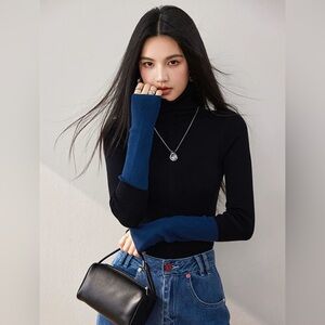 Black Turtleneck with Blue Contrast Sleeves – Silk Blend Knit